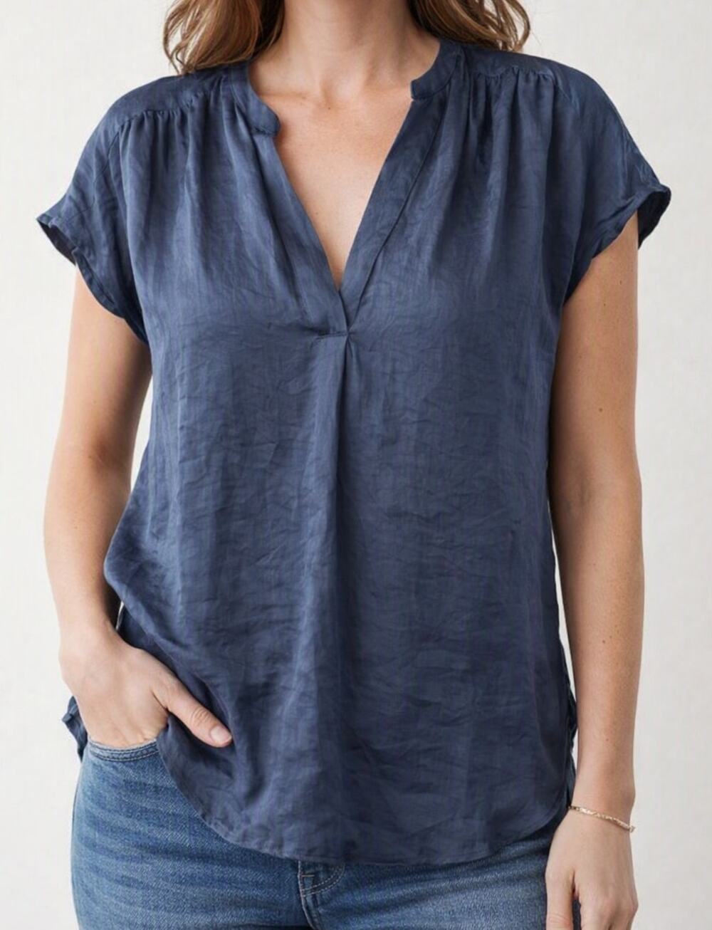 Lucky Brand Satin V Neck Short Sleeve Top Blouse Blue XS